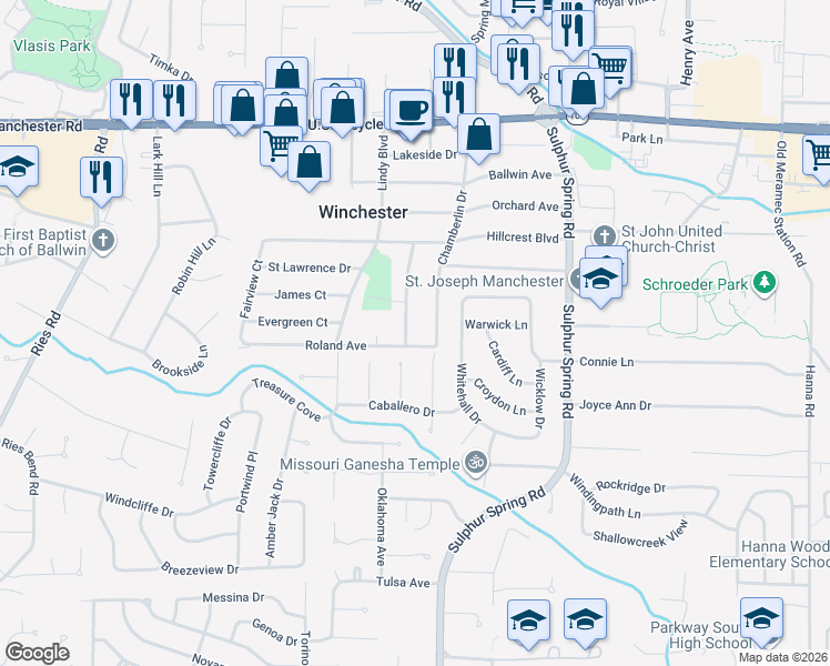 map of restaurants, bars, coffee shops, grocery stores, and more near 461 Caballero Court in Ballwin
