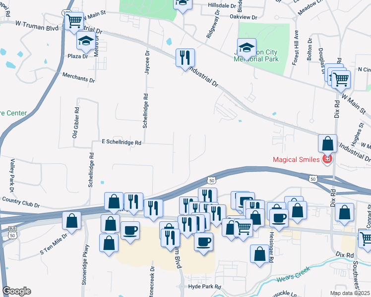 map of restaurants, bars, coffee shops, grocery stores, and more near 2448 Country Club Drive in Jefferson City