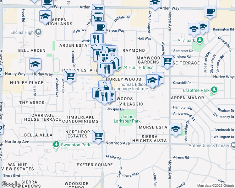 map of restaurants, bars, coffee shops, grocery stores, and more near 1171 Evelyn Lane in Sacramento