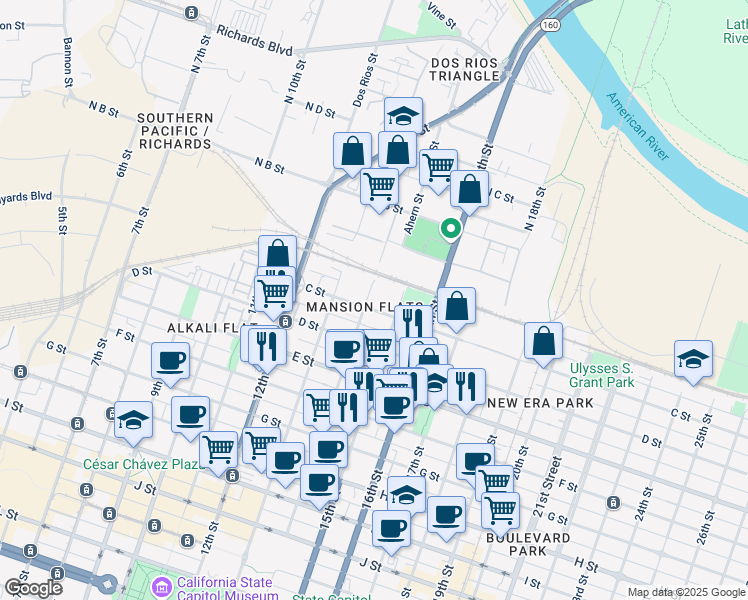map of restaurants, bars, coffee shops, grocery stores, and more near 1428 C Street in Sacramento