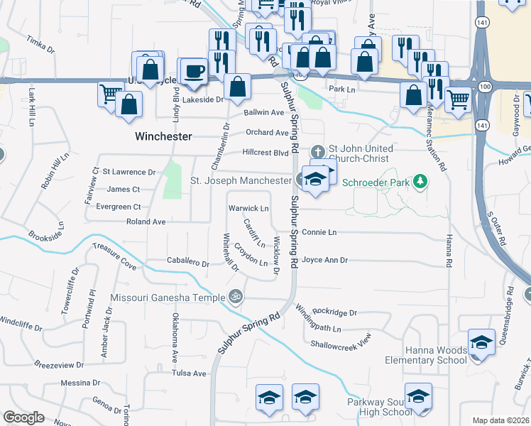 map of restaurants, bars, coffee shops, grocery stores, and more near 408 Cardiff Lane in Ballwin