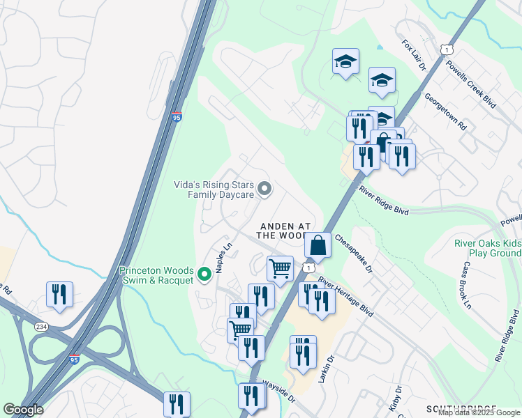 map of restaurants, bars, coffee shops, grocery stores, and more near 16915 Toms River Loop in Dumfries