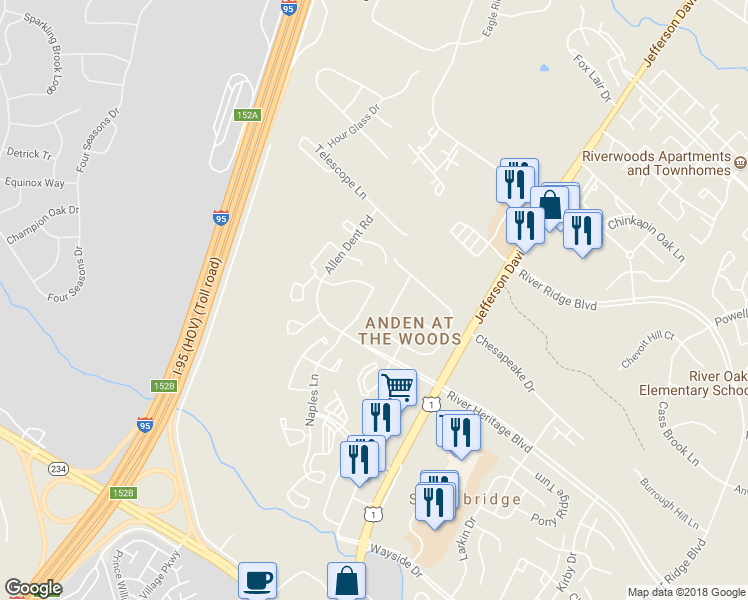 map of restaurants, bars, coffee shops, grocery stores, and more near 16915 Toms River Loop in Dumfries
