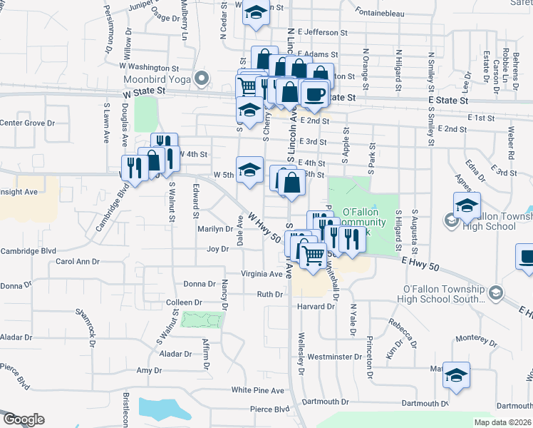 map of restaurants, bars, coffee shops, grocery stores, and more near 202 Marilyn Drive in O'Fallon