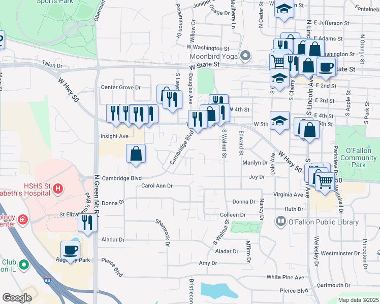 map of restaurants, bars, coffee shops, grocery stores, and more near 123 Elm Street in O'Fallon