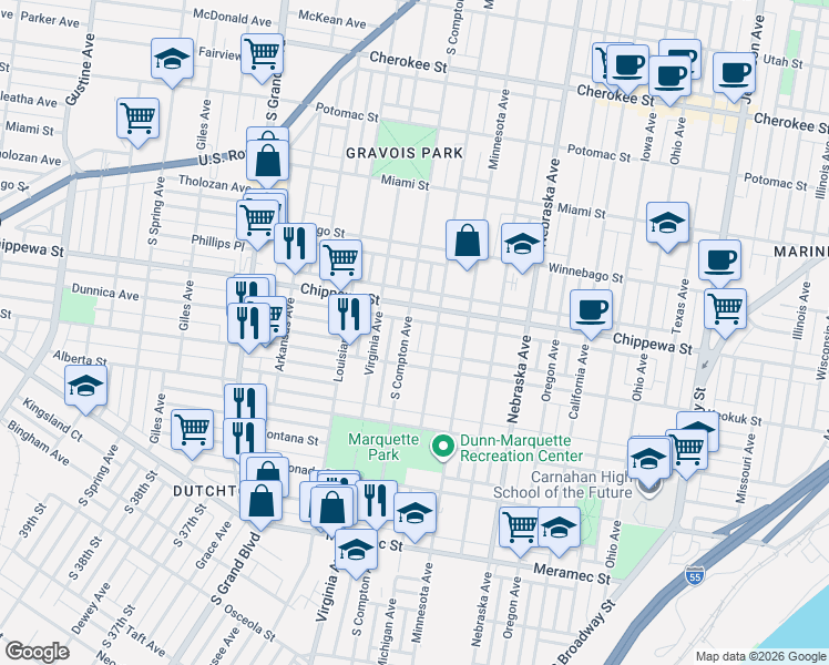map of restaurants, bars, coffee shops, grocery stores, and more near 3153 Keokuk Street in St. Louis