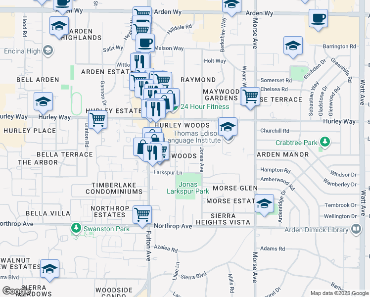 map of restaurants, bars, coffee shops, grocery stores, and more near 2720 Matheson Way in Sacramento