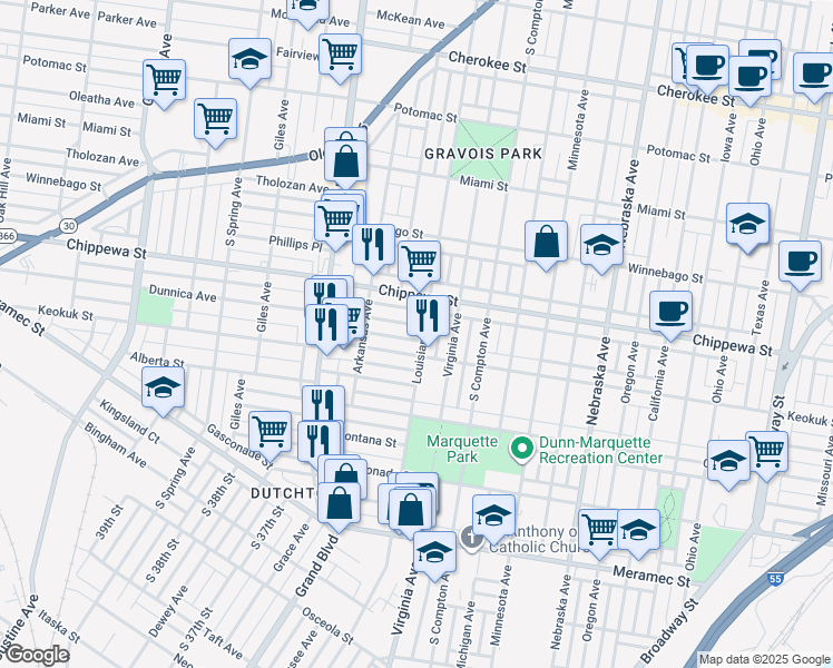 map of restaurants, bars, coffee shops, grocery stores, and more near 3408 Keokuk Street in St. Louis