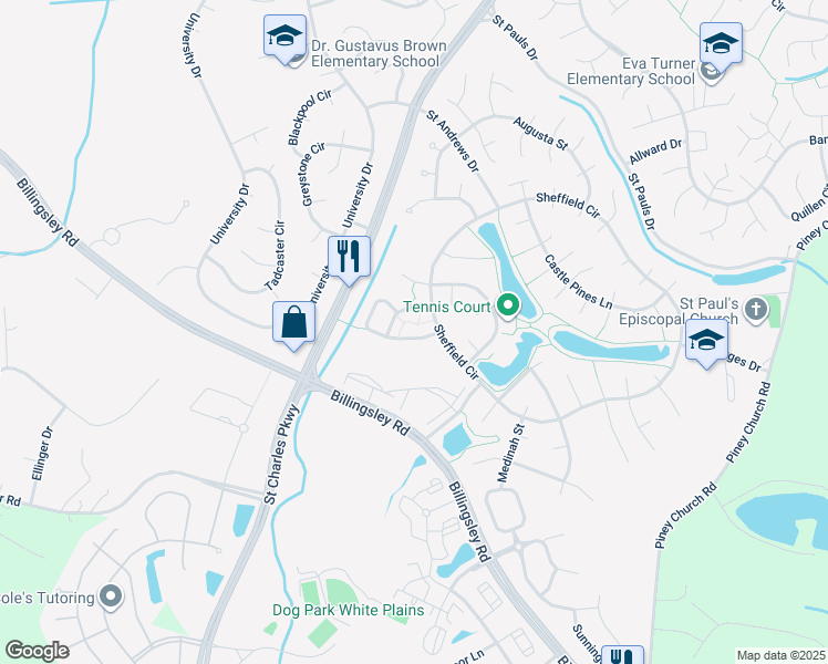 map of restaurants, bars, coffee shops, grocery stores, and more near 4646 Scottsdale Place in Waldorf