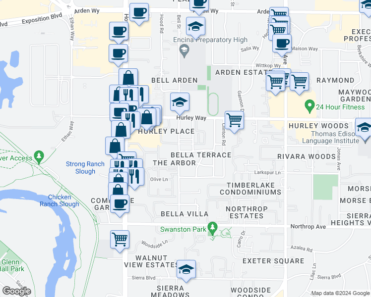 map of restaurants, bars, coffee shops, grocery stores, and more near 2305 Irma Way in Sacramento