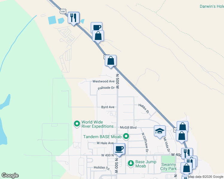 map of restaurants, bars, coffee shops, grocery stores, and more near 525 Westwood Avenue in Moab