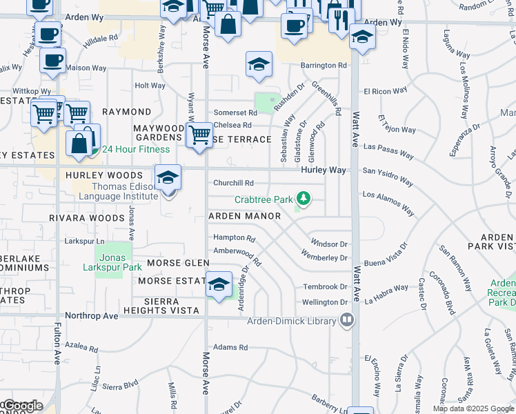 map of restaurants, bars, coffee shops, grocery stores, and more near 3217 Windsor Drive in Sacramento