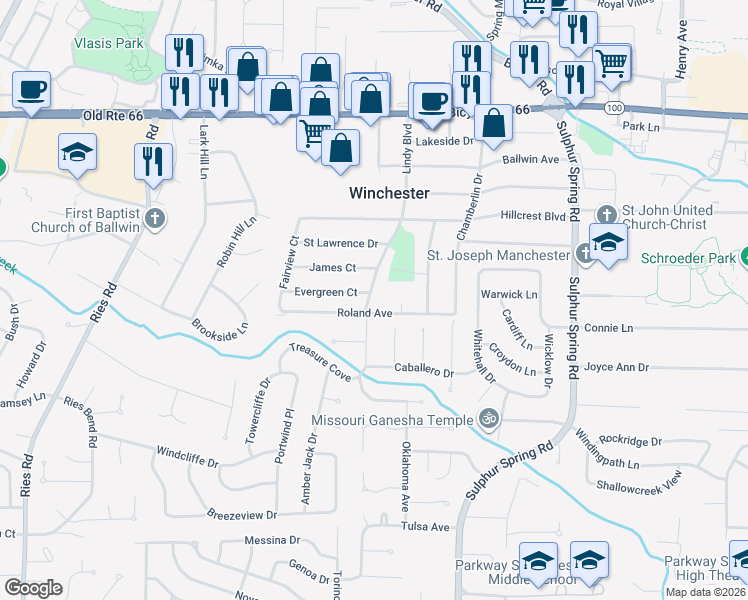 map of restaurants, bars, coffee shops, grocery stores, and more near 420 Lindy Boulevard in Ballwin