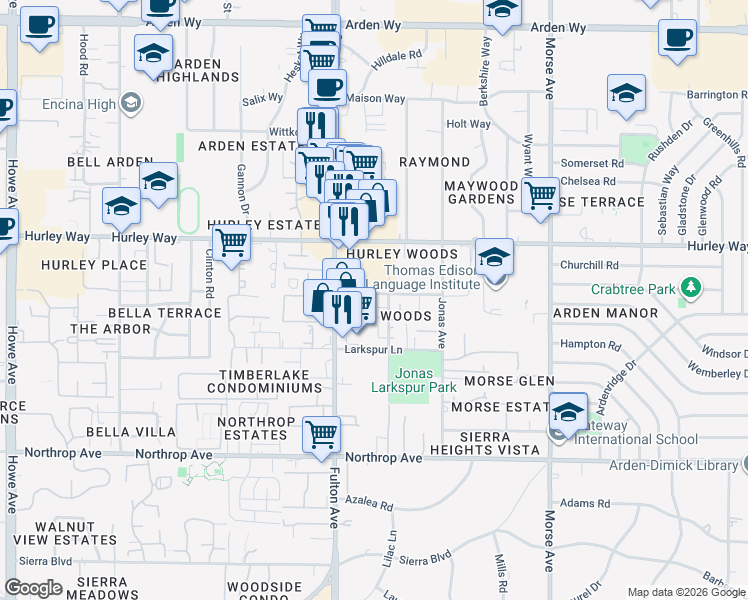 map of restaurants, bars, coffee shops, grocery stores, and more near 2648 Matheson Way in Sacramento