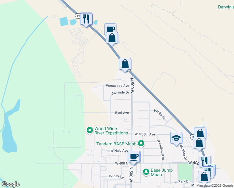 map of restaurants, bars, coffee shops, grocery stores, and more near 695 Westwood Avenue in Moab