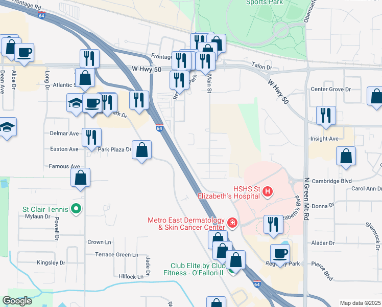 map of restaurants, bars, coffee shops, grocery stores, and more near 148 Regency Park in O'Fallon