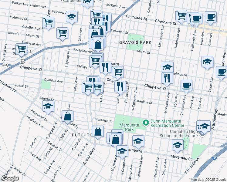 map of restaurants, bars, coffee shops, grocery stores, and more near 3420 Chippewa Street in St. Louis
