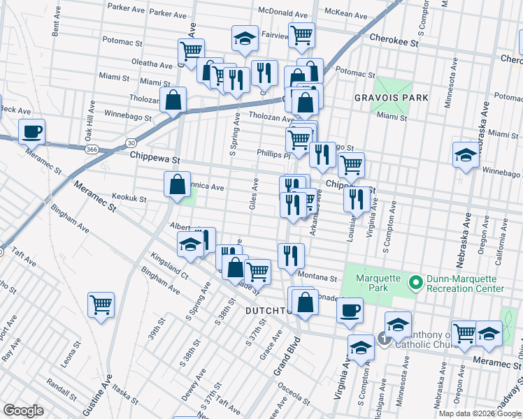map of restaurants, bars, coffee shops, grocery stores, and more near 3638 Dunnica Avenue in St. Louis