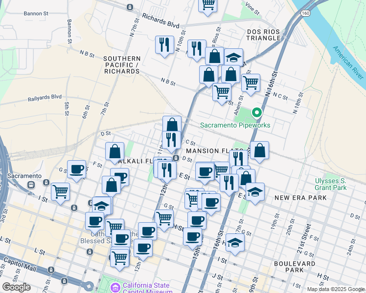 map of restaurants, bars, coffee shops, grocery stores, and more near 1116 C Street in Sacramento