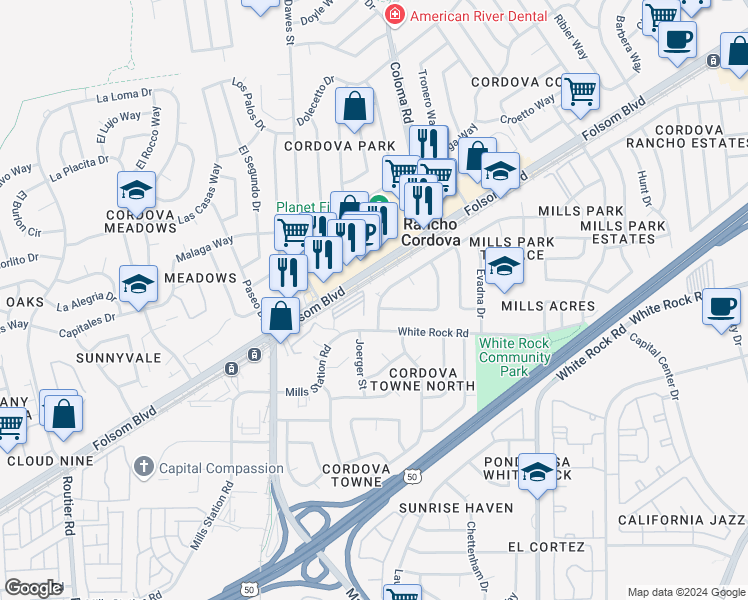 map of restaurants, bars, coffee shops, grocery stores, and more near 10361 Mills Tower Drive in Rancho Cordova