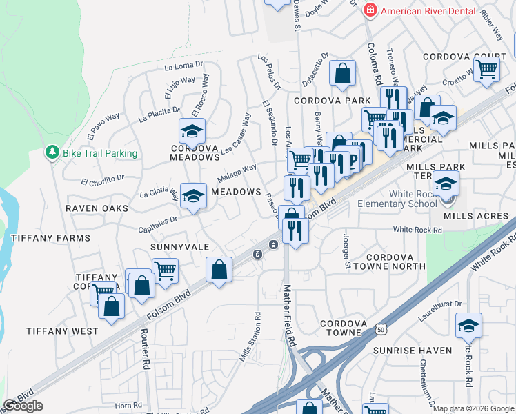 map of restaurants, bars, coffee shops, grocery stores, and more near 2741 El Caprice Drive in Rancho Cordova