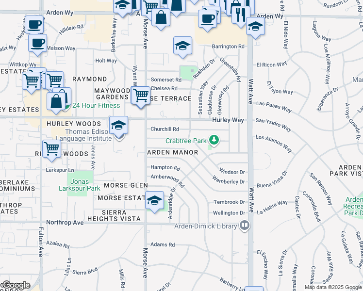 map of restaurants, bars, coffee shops, grocery stores, and more near 3217 Windsor Drive in Sacramento