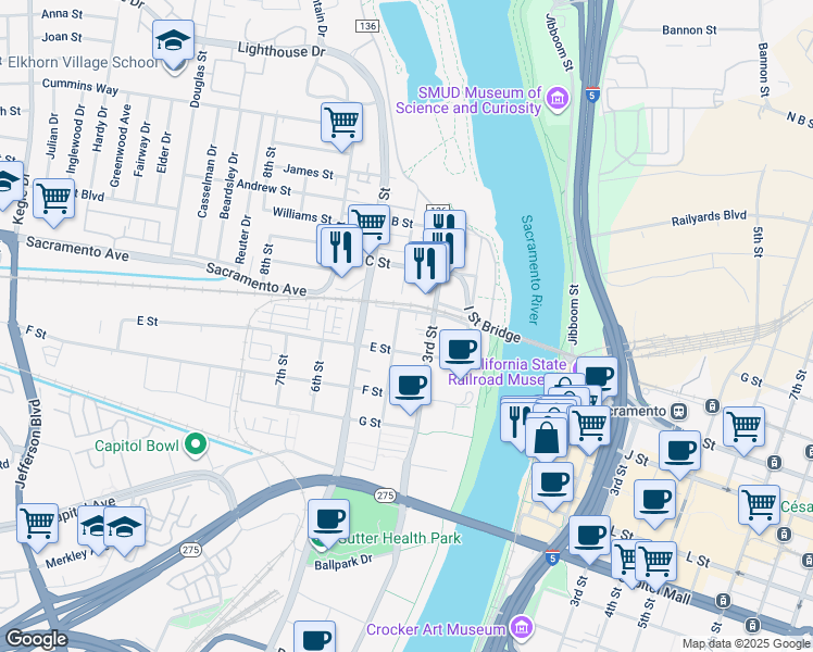 map of restaurants, bars, coffee shops, grocery stores, and more near 399 4th Street in West Sacramento