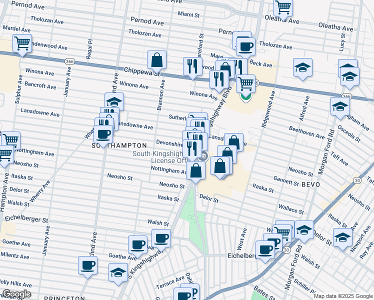 map of restaurants, bars, coffee shops, grocery stores, and more near 4933 Devonshire Avenue in St. Louis