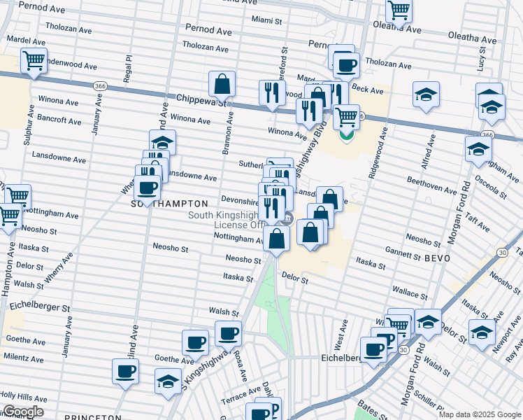 map of restaurants, bars, coffee shops, grocery stores, and more near 4933 Devonshire Avenue in St. Louis