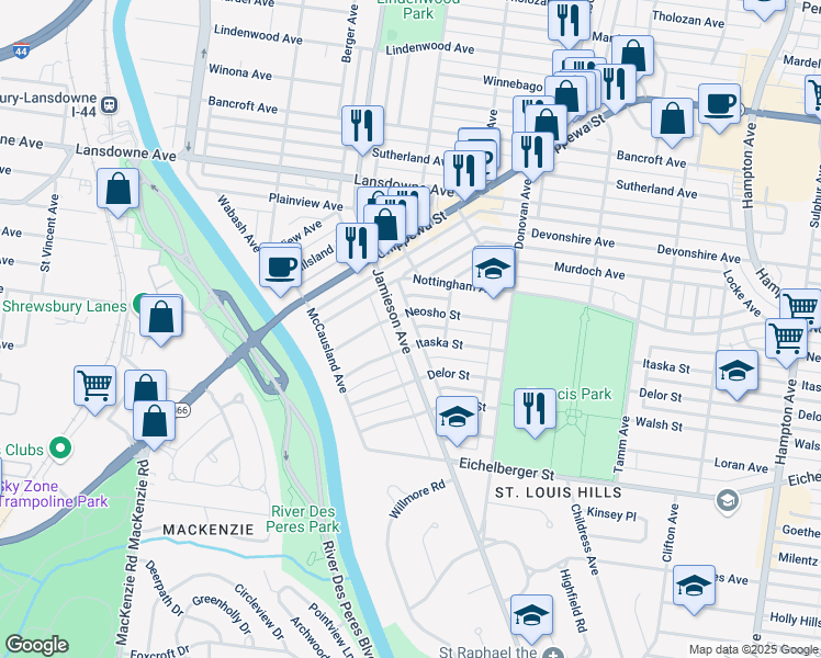 map of restaurants, bars, coffee shops, grocery stores, and more near 6635 Neosho Street in St. Louis