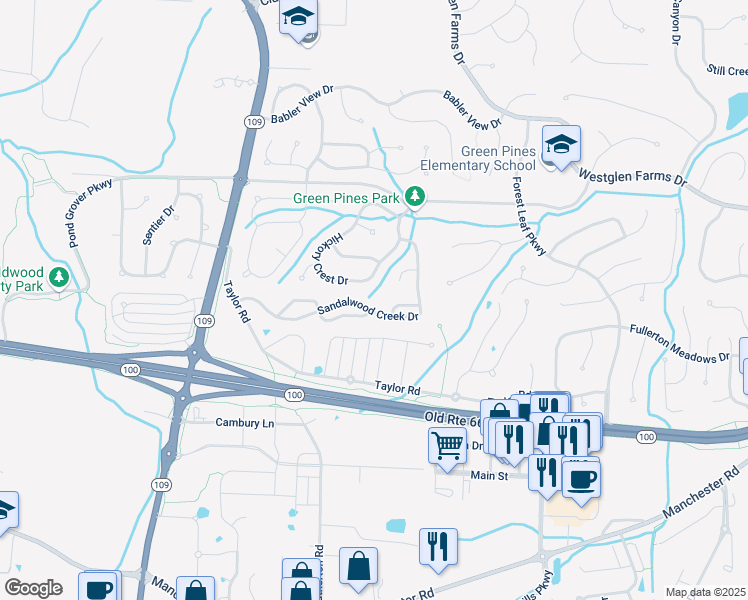 map of restaurants, bars, coffee shops, grocery stores, and more near 16760 Hickory Crest Drive in Ballwin