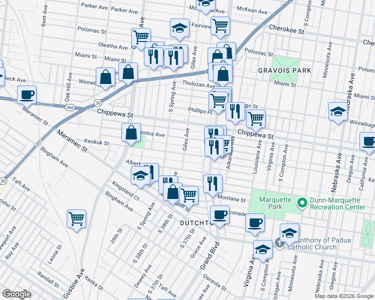 map of restaurants, bars, coffee shops, grocery stores, and more near 3710 Dunnica Avenue in St. Louis