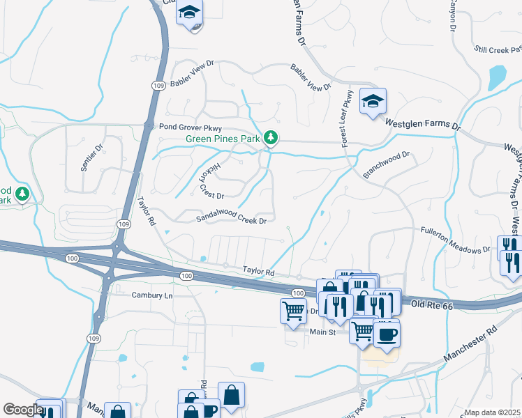 map of restaurants, bars, coffee shops, grocery stores, and more near 2329 Hunters Crest Drive in Wildwood