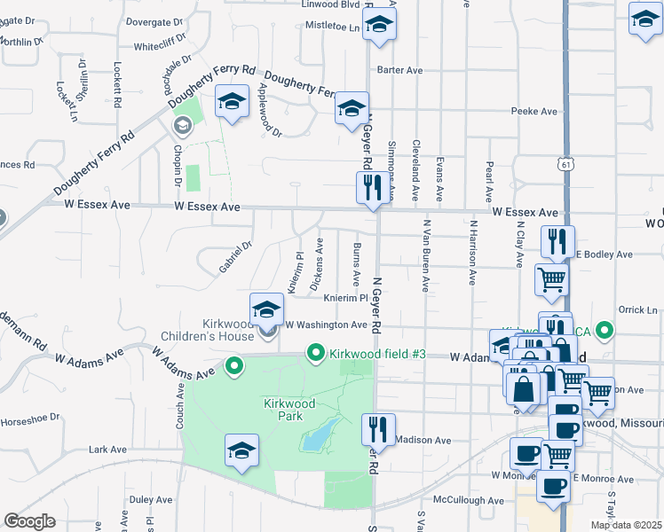 map of restaurants, bars, coffee shops, grocery stores, and more near 476 Longfellow Avenue in Kirkwood