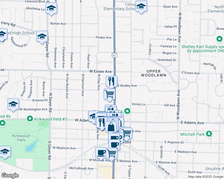 map of restaurants, bars, coffee shops, grocery stores, and more near 483 North Kirkwood Road in Kirkwood