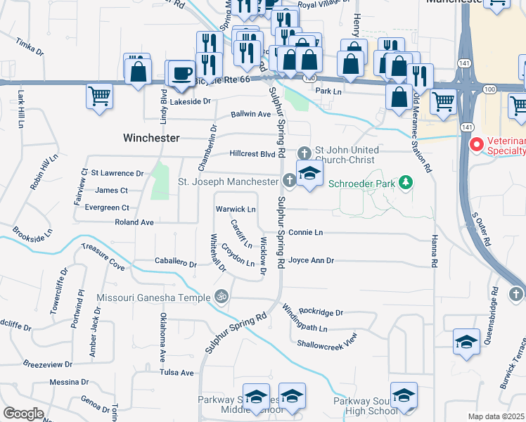 map of restaurants, bars, coffee shops, grocery stores, and more near 409 Sulphur Spring Road in Ballwin