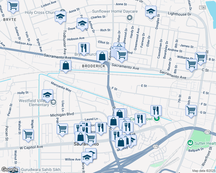 map of restaurants, bars, coffee shops, grocery stores, and more near 970 F Street in West Sacramento