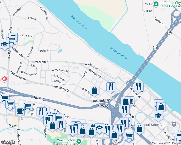 map of restaurants, bars, coffee shops, grocery stores, and more near 1211 West Main Street in Jefferson City