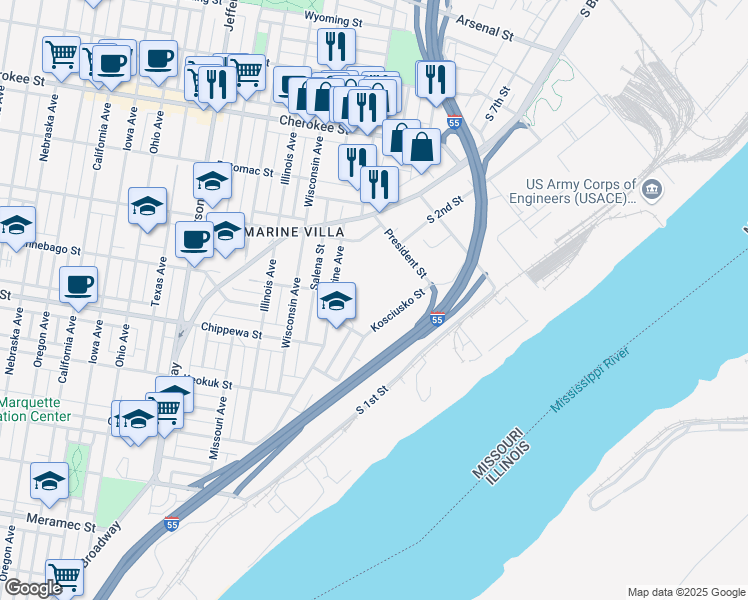 map of restaurants, bars, coffee shops, grocery stores, and more near 111 Winnebago Street in St. Louis