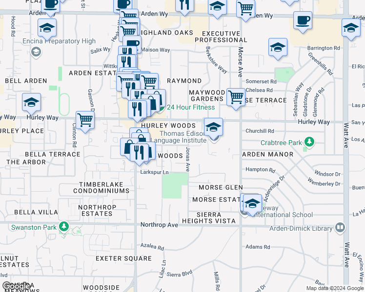 map of restaurants, bars, coffee shops, grocery stores, and more near 1214 Franmor Court in Sacramento