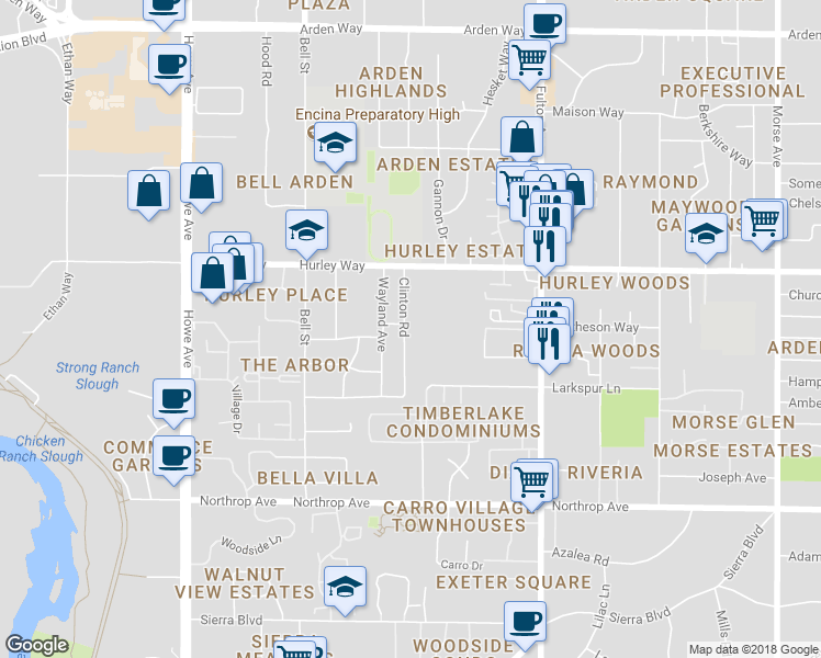 map of restaurants, bars, coffee shops, grocery stores, and more near 1213 Clinton Road in Sacramento