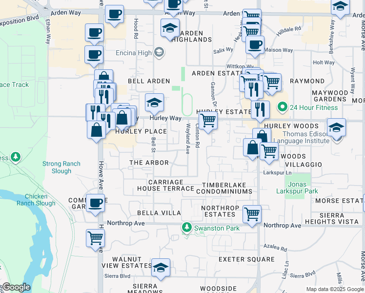 map of restaurants, bars, coffee shops, grocery stores, and more near 2340 Hurley Way in Sacramento