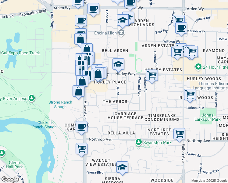 map of restaurants, bars, coffee shops, grocery stores, and more near in Sacramento
