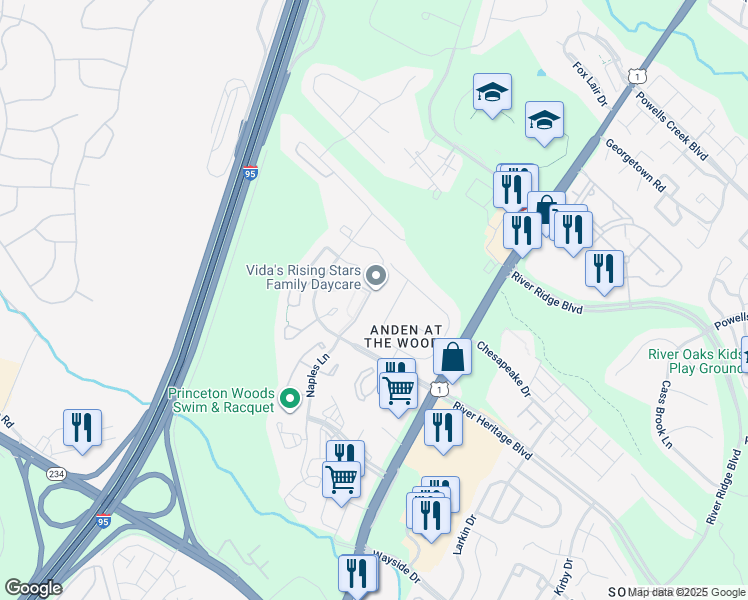 map of restaurants, bars, coffee shops, grocery stores, and more near 16907 Toms River Loop in Dumfries