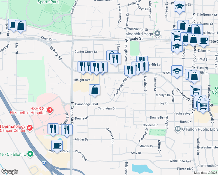 map of restaurants, bars, coffee shops, grocery stores, and more near 675 West Highway 50 in O'Fallon