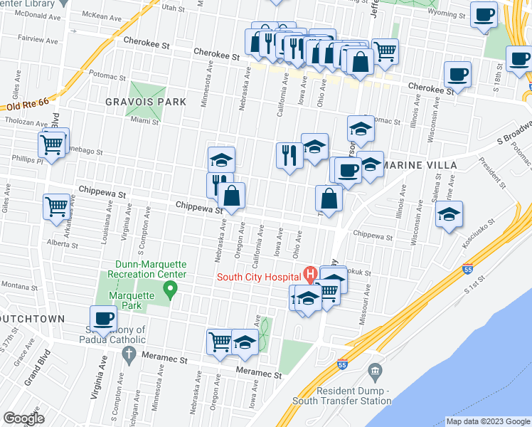 map of restaurants, bars, coffee shops, grocery stores, and more near 3730 California Avenue in St. Louis