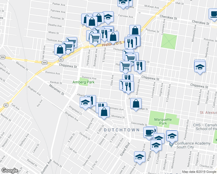 map of restaurants, bars, coffee shops, grocery stores, and more near 3710 Dunnica Avenue in St. Louis