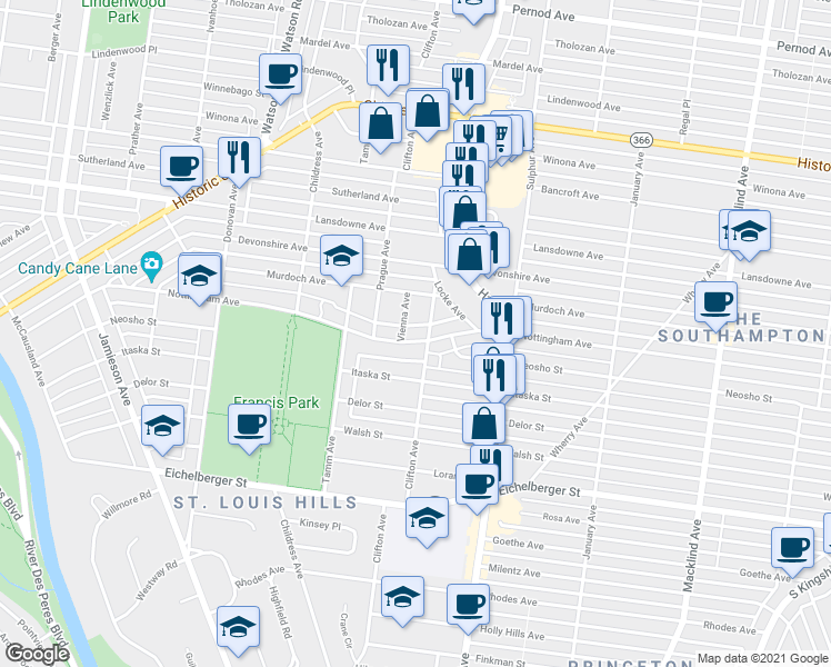 map of restaurants, bars, coffee shops, grocery stores, and more near 4714 Clifton Avenue in St. Louis