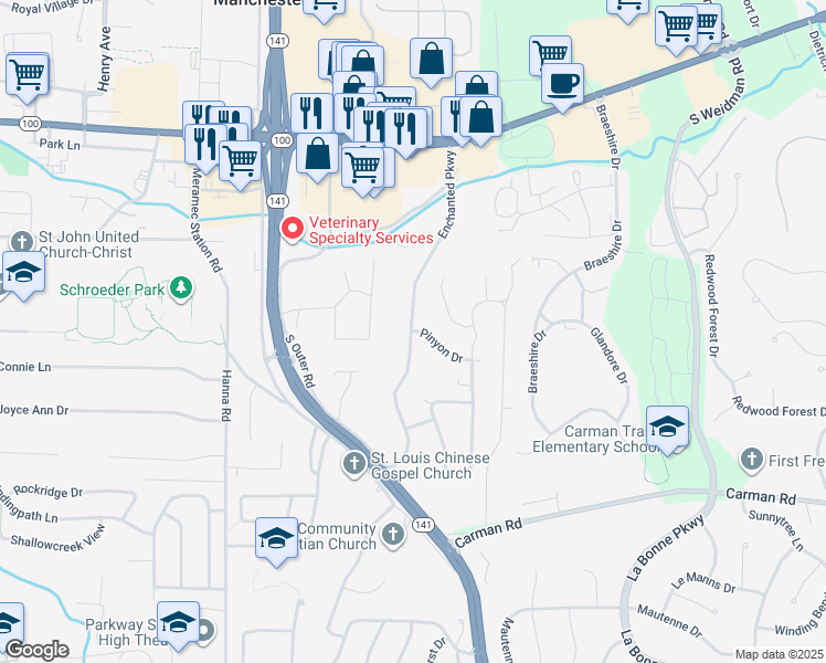 map of restaurants, bars, coffee shops, grocery stores, and more near 1204 Pinyon Drive in Manchester