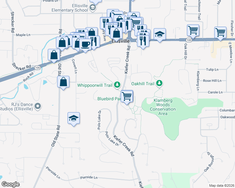 map of restaurants, bars, coffee shops, grocery stores, and more near 1334 Macklin Drive in Ellisville